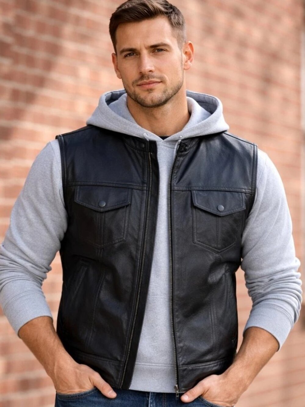Mens Leather Motorcycle Club Vest Concealed Carry SOA Style Snap Zip Black